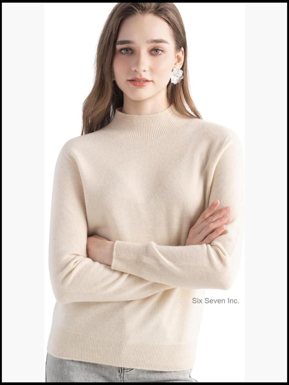 Women's 100% Cashmere Mock Neck Long Sleeve Pullover Sweater, Seamless Knit,